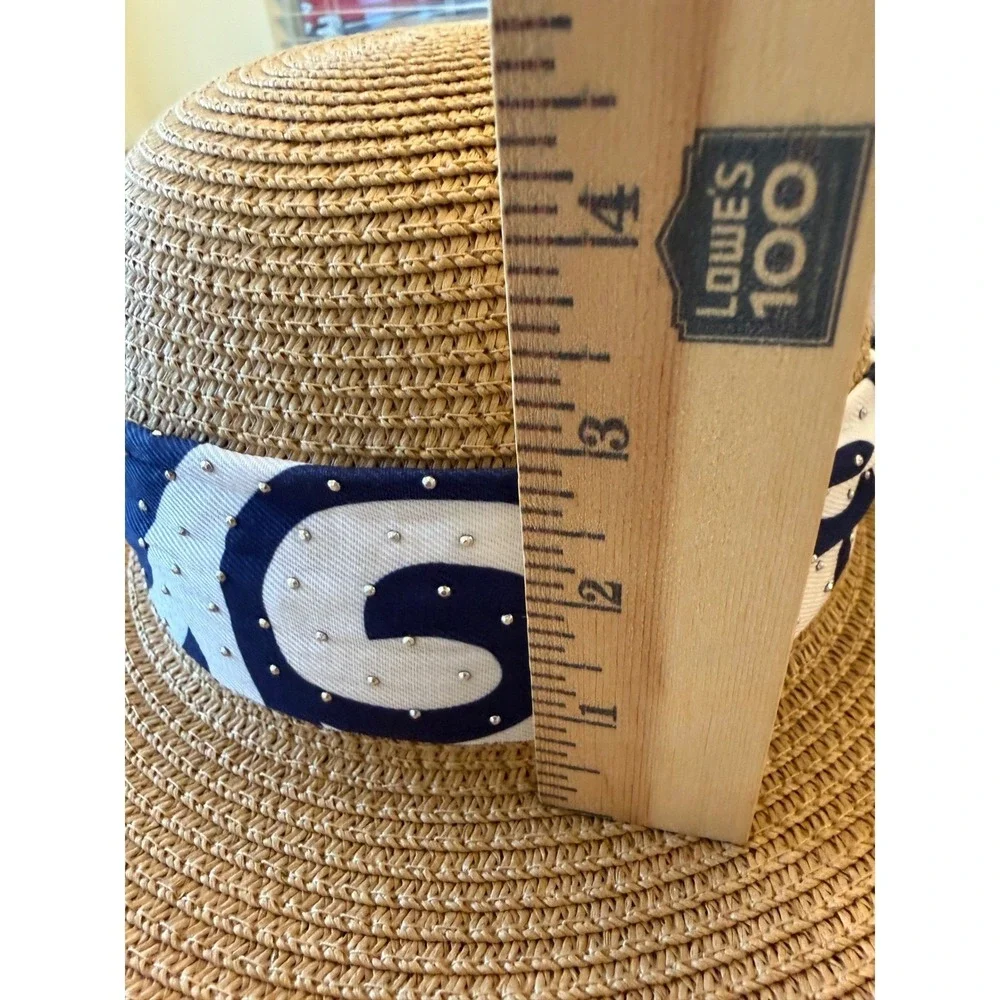 Adrienne Vittadini Tan Paper‎ Straw Sun Hat Navy Blue White Ribbon Rhinestones